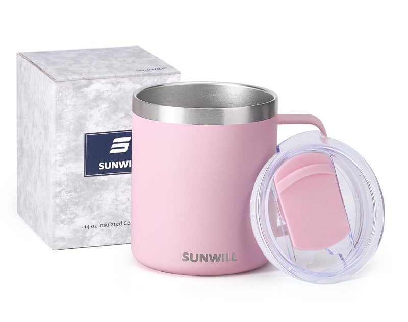 SUNWILL Insulated Coffee Mug with Lid, Travel Tumbler Reusable, 14 oz Stainless Steel Cup for Camping, Office, Home, Powder Coated Sakura - Image 5